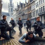 Realistic, high-definition image of a cautious scene in Antwerp, Belgium, where a diverse group of police officers, composed of men and women from various descents like Caucasian, Hispanic, and Middle-Eastern, are professionally handling a situation involving a man who appears to be armed. The surroundings are typical of an urban European setting, with cobblestone streets, architectural details mirroring the local culture and history, and intermittent passersby observing at a safe distance.