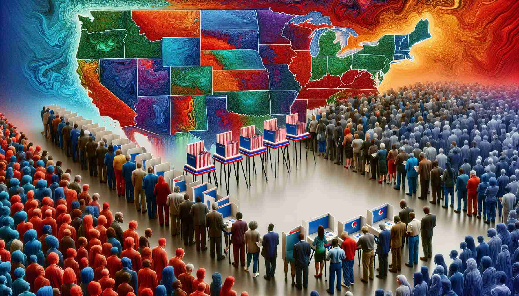 A realistic, high-definition illustration visualizing the impact of shifting voter trends on the outcome of a generic political election. The image should contain a vibrant, detailed election map, showing changing colors that represent different political affiliations. It should also include an array of diverse voters queuing to cast their votes, each voter distinct and divided by gender and descent: Caucasian, Hispanic, Black, Middle-Eastern, and Asian. This fusion of elements should create a potent image that reflects the dynamic nature of political landscapes.