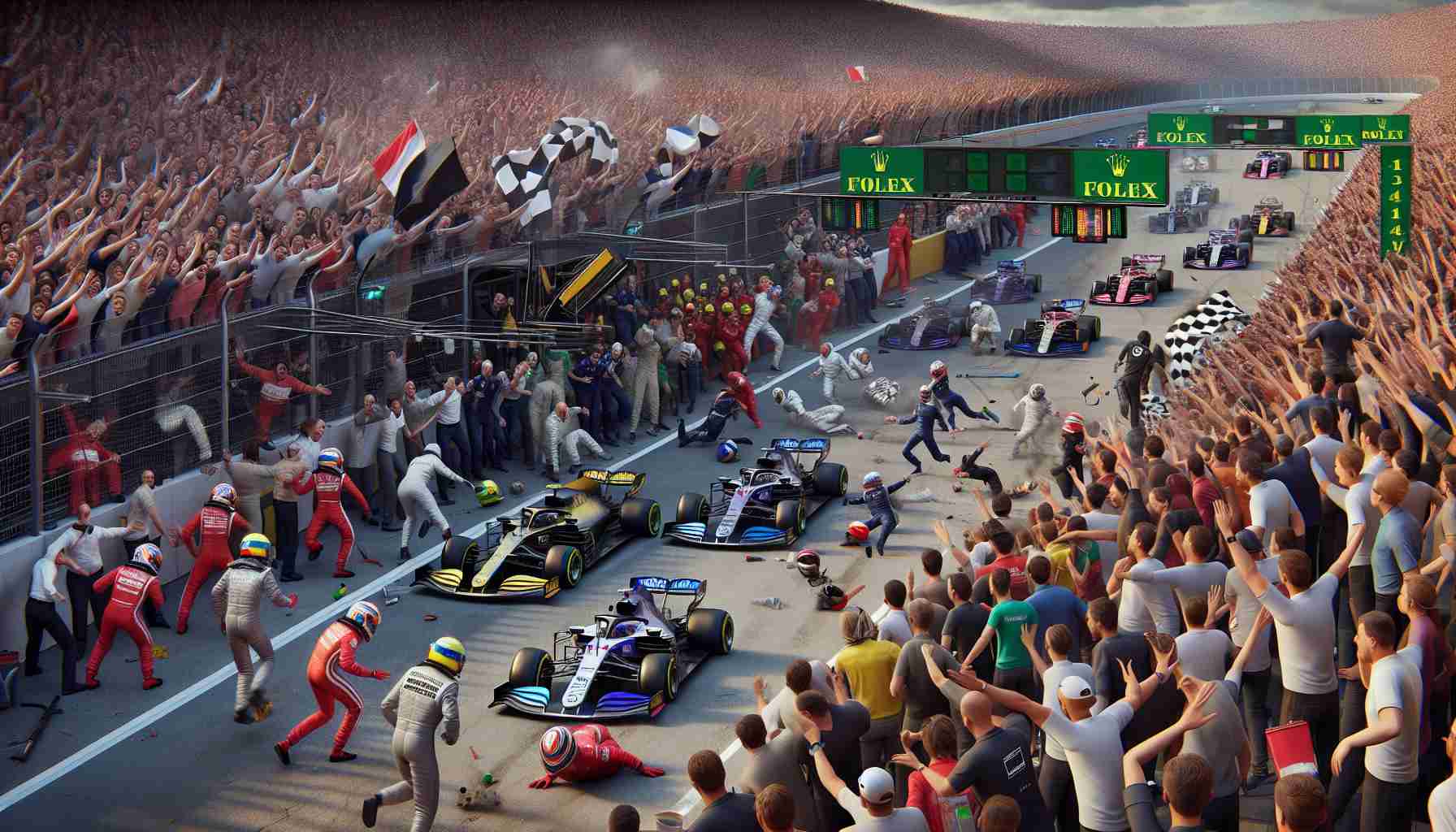 Realistic, high-definition image capturing an unexpected scene from a Grand Prix event. The picture is centered on the confusion and surprise resulted from a controversial rule change. Racers, pit crew members, and spectators all show expressions of disbelief and astonishment. Details include the diverse crowd wearing colorful gear and waving flags, the gleaming, sleek race cars speeding on a winding asphalt track, and overflowing pit stops buzzing with activity.