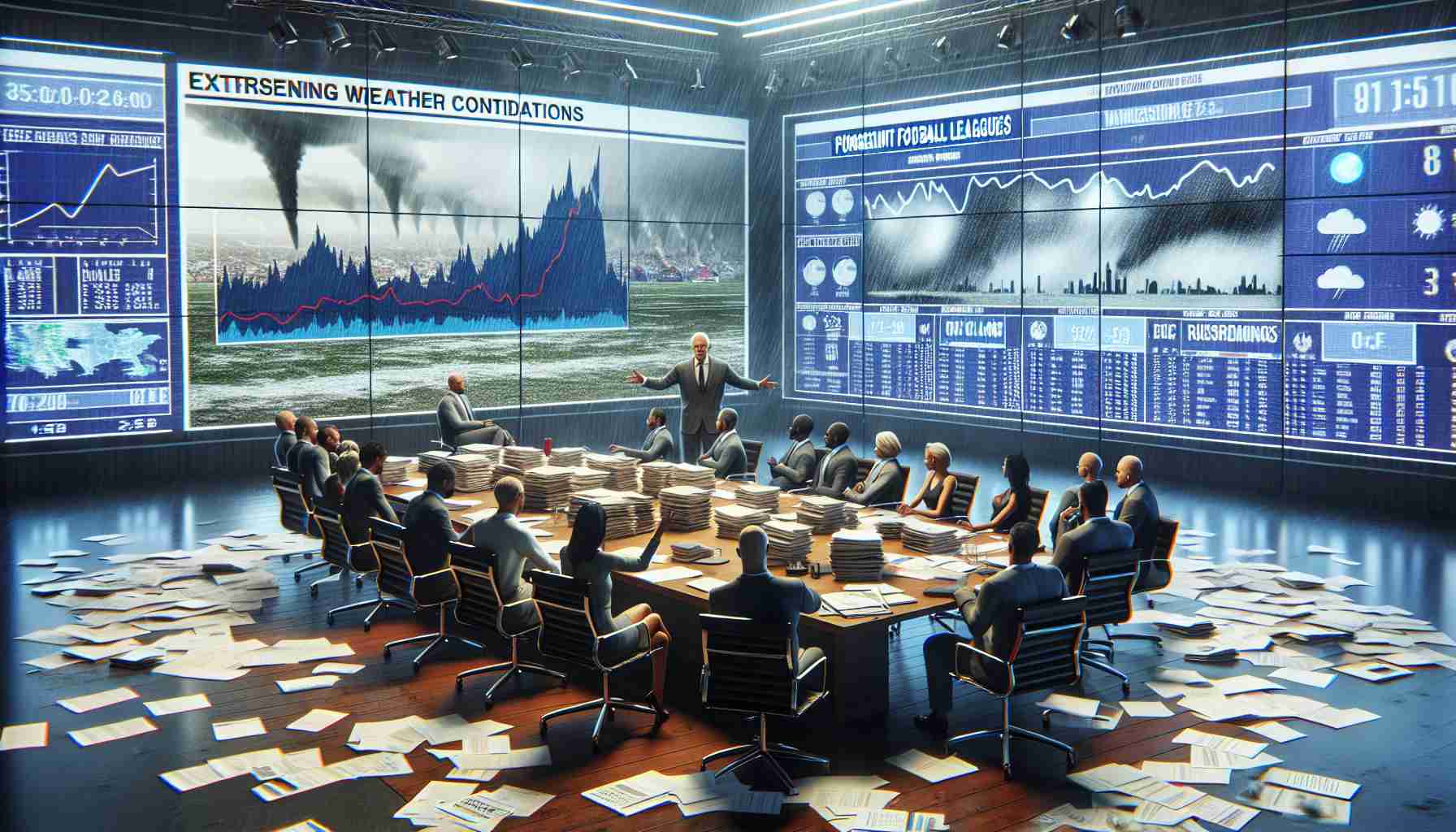 A high-definition, realistic depiction of serious concerns being voiced over a prominent football league's response to extreme weather conditions. Picture the meeting room filled with diverse individuals engaged in a heated discussion. A large screen in the background displays graphics showing worsening weather conditions. Piles of papers are scattered on the table, indicating intensive research and discussion. There's a sense of urgency and intensity in the room, reflecting the severity of the issue at hand.